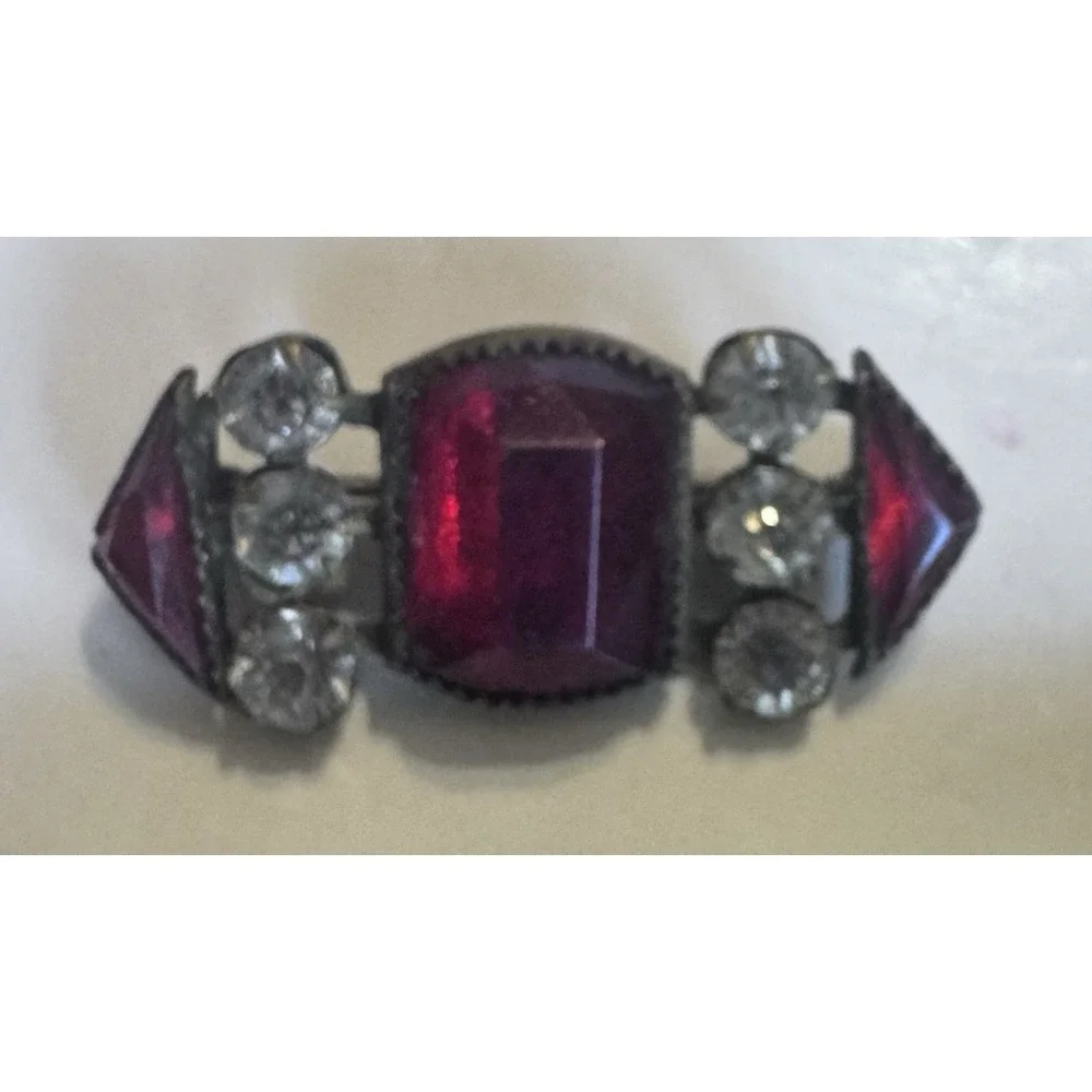Antique Art Deco Red Glass Clear Rhinestones Silvered‎ Brass Bar Brooch Pin
